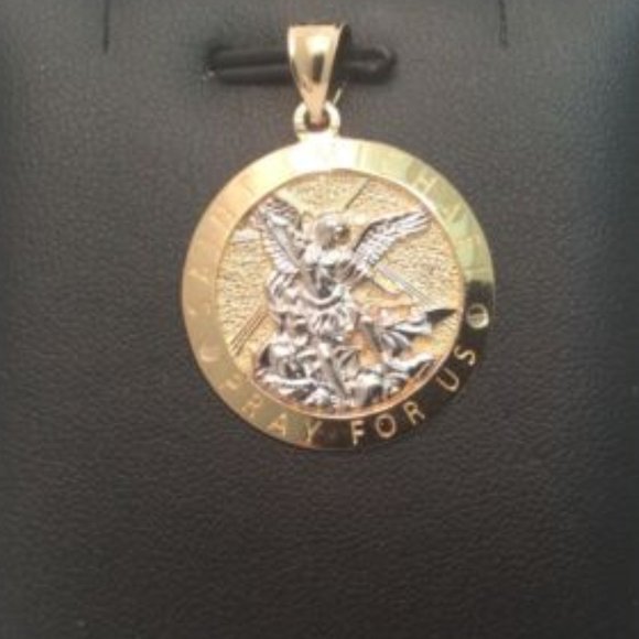 10K YELLOW REAL SOLID GOLD MEDALLION PENDANT SAINT MICHAEL PRAY FOR US 3.40 GR - Picture 1 of 8